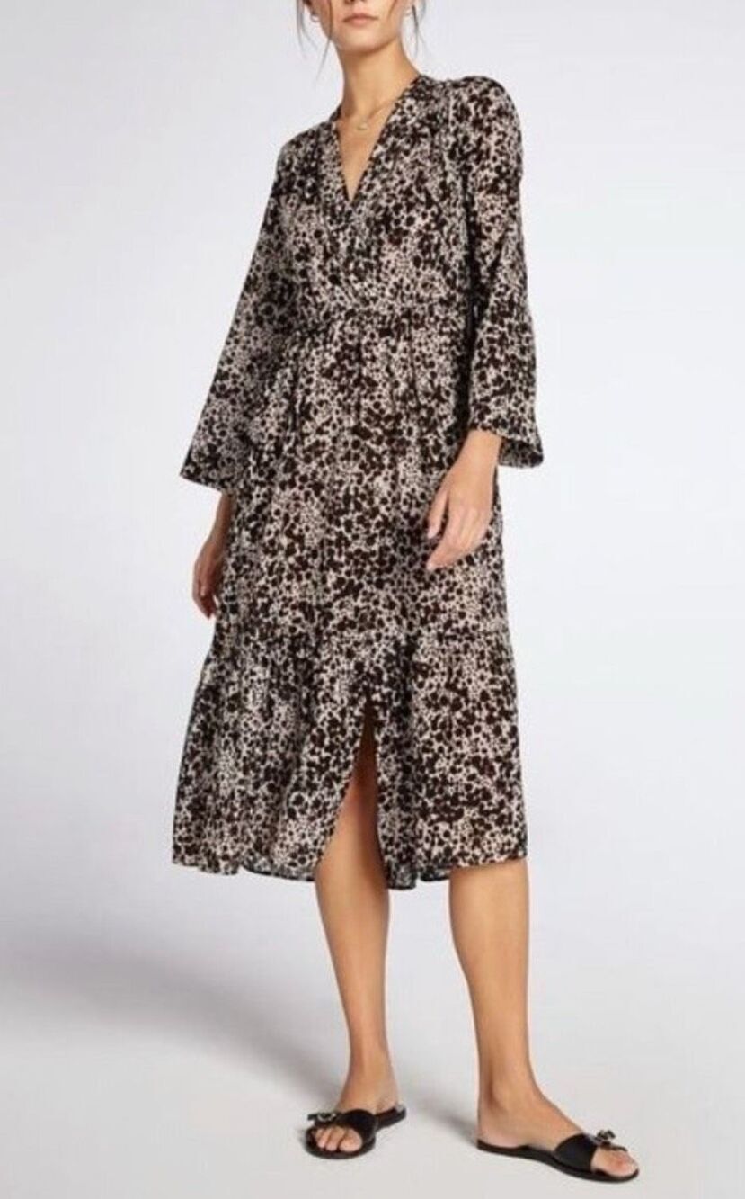 Xirena Leighton Animal Print Midi Slit V Neck Brown Dress Size Small
